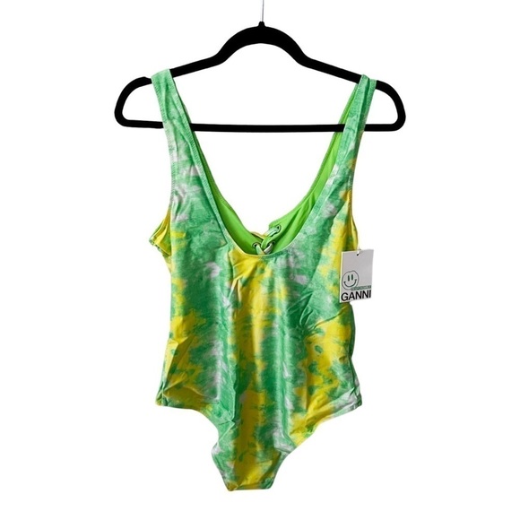 NWT GANNI Tie Dye Lace-up Green Yellow One-piece Swimsuit Sz 42 - Picture 3 of 7